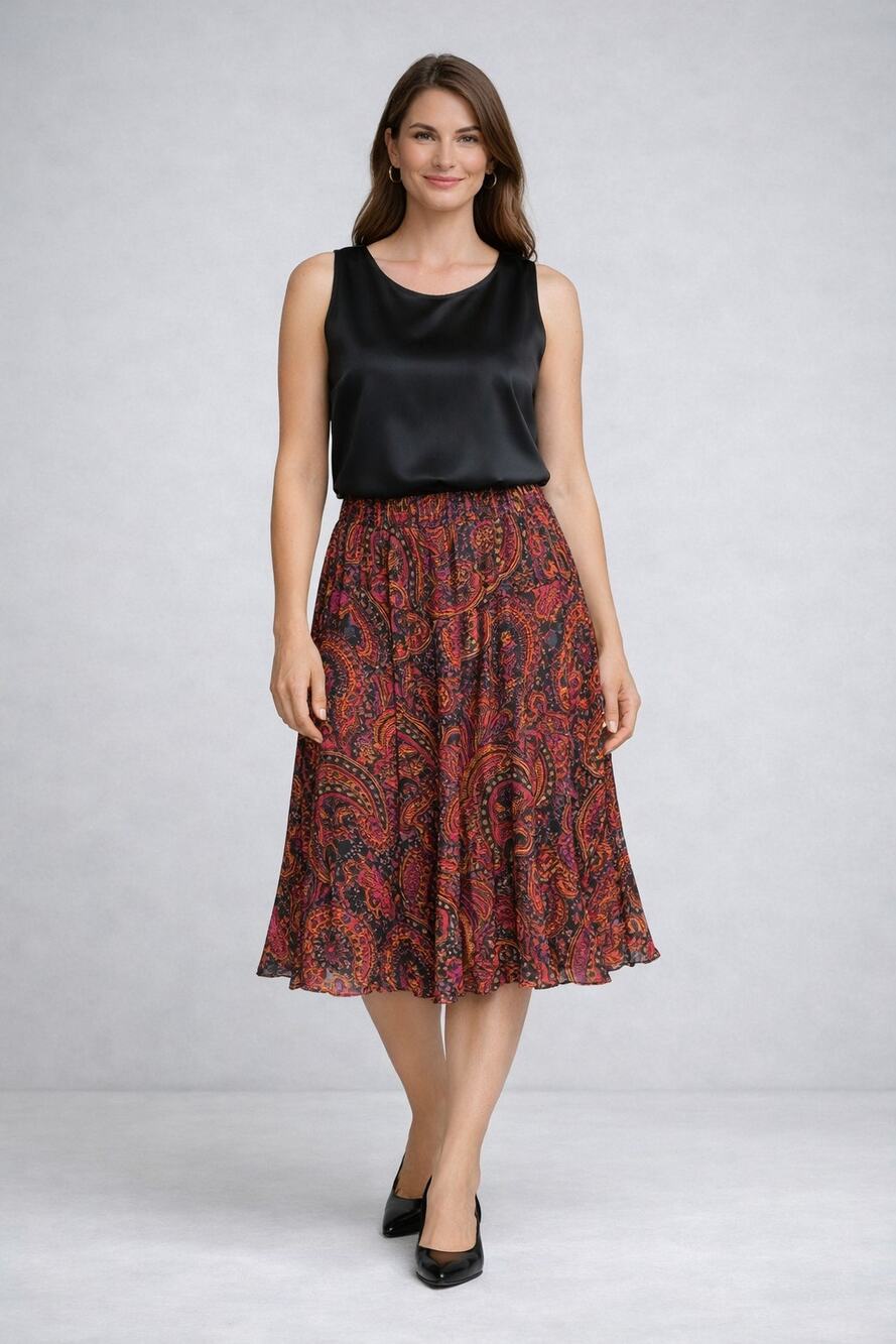 100% Silk Nygard Collection Red Purple Black Paisley Crinkle Skirt Sz Medium